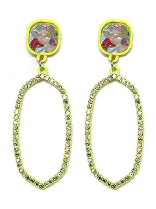 VE2888 Iridescent Post Rhinestone Oval Dangle Earrings