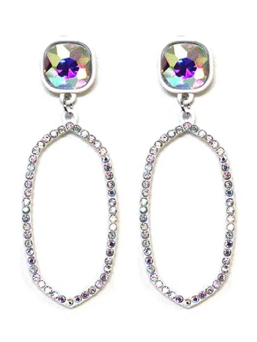 VE2888 Iridescent Post Rhinestone Oval Dangle Earrings