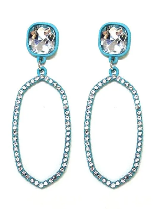 VE2888 Iridescent Post Rhinestone Oval Dangle Earrings