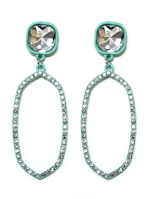 VE2888 Iridescent Post Rhinestone Oval Dangle Earrings
