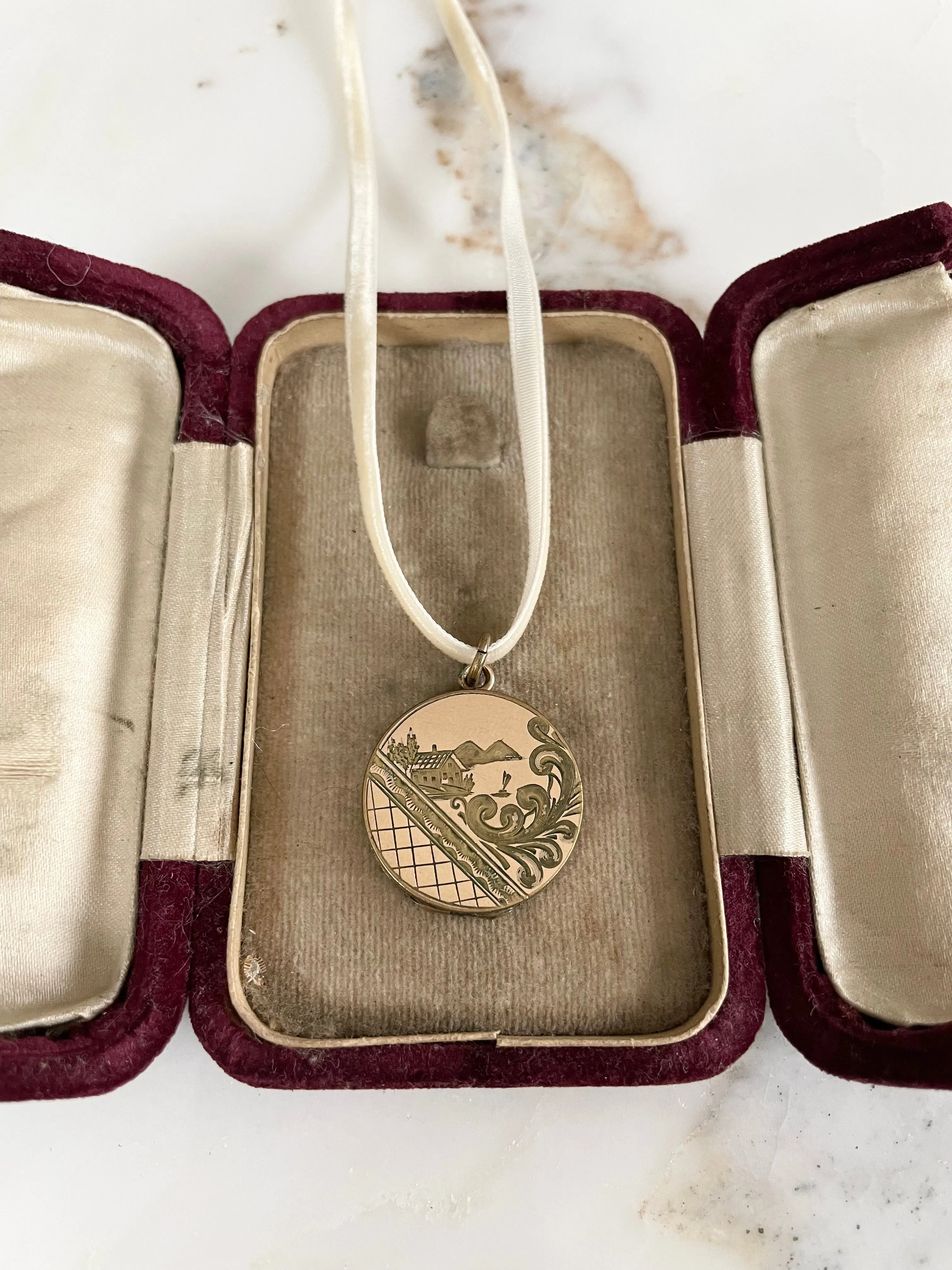 Victorian Engraved Village Locket Necklace