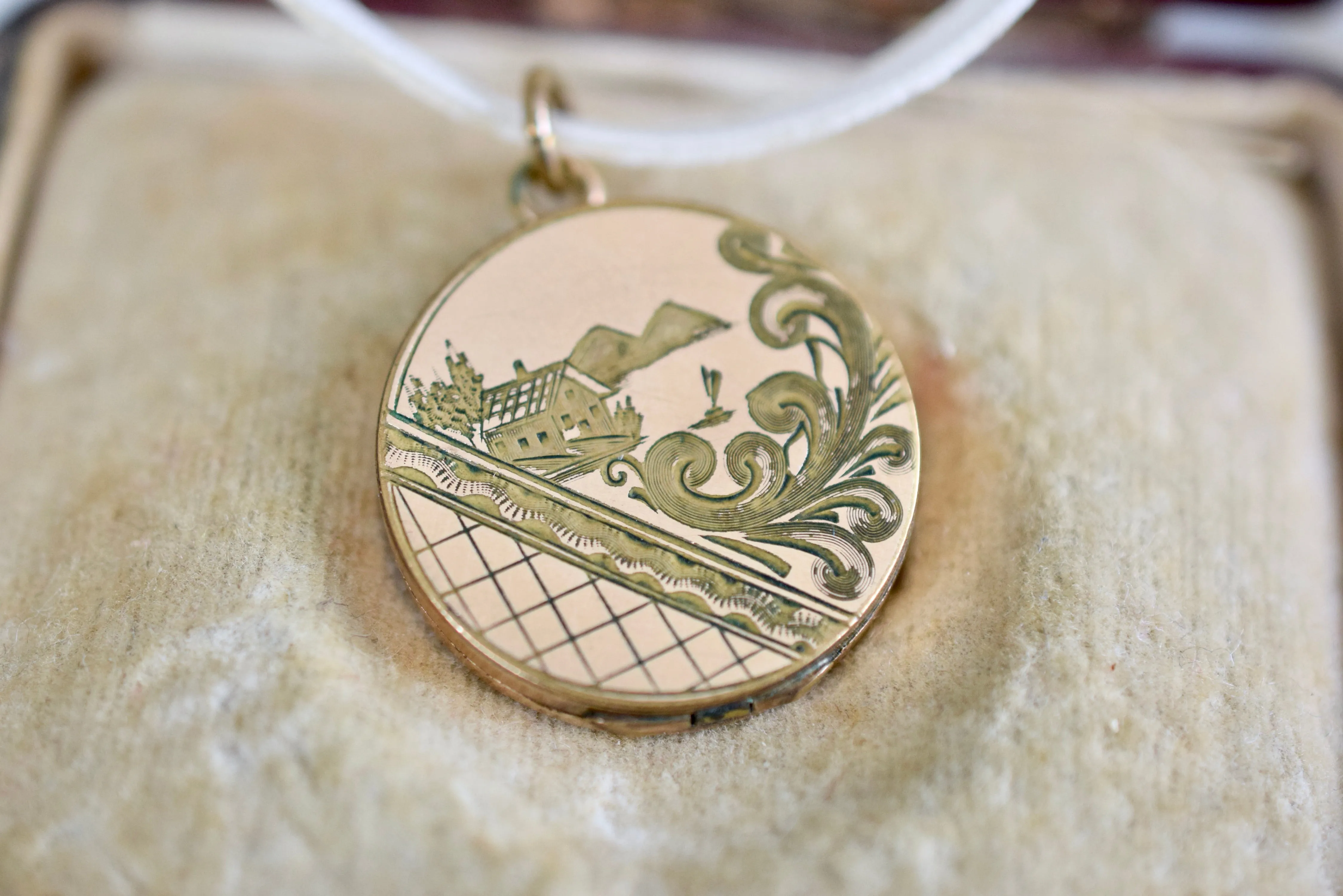 Victorian Engraved Village Locket Necklace