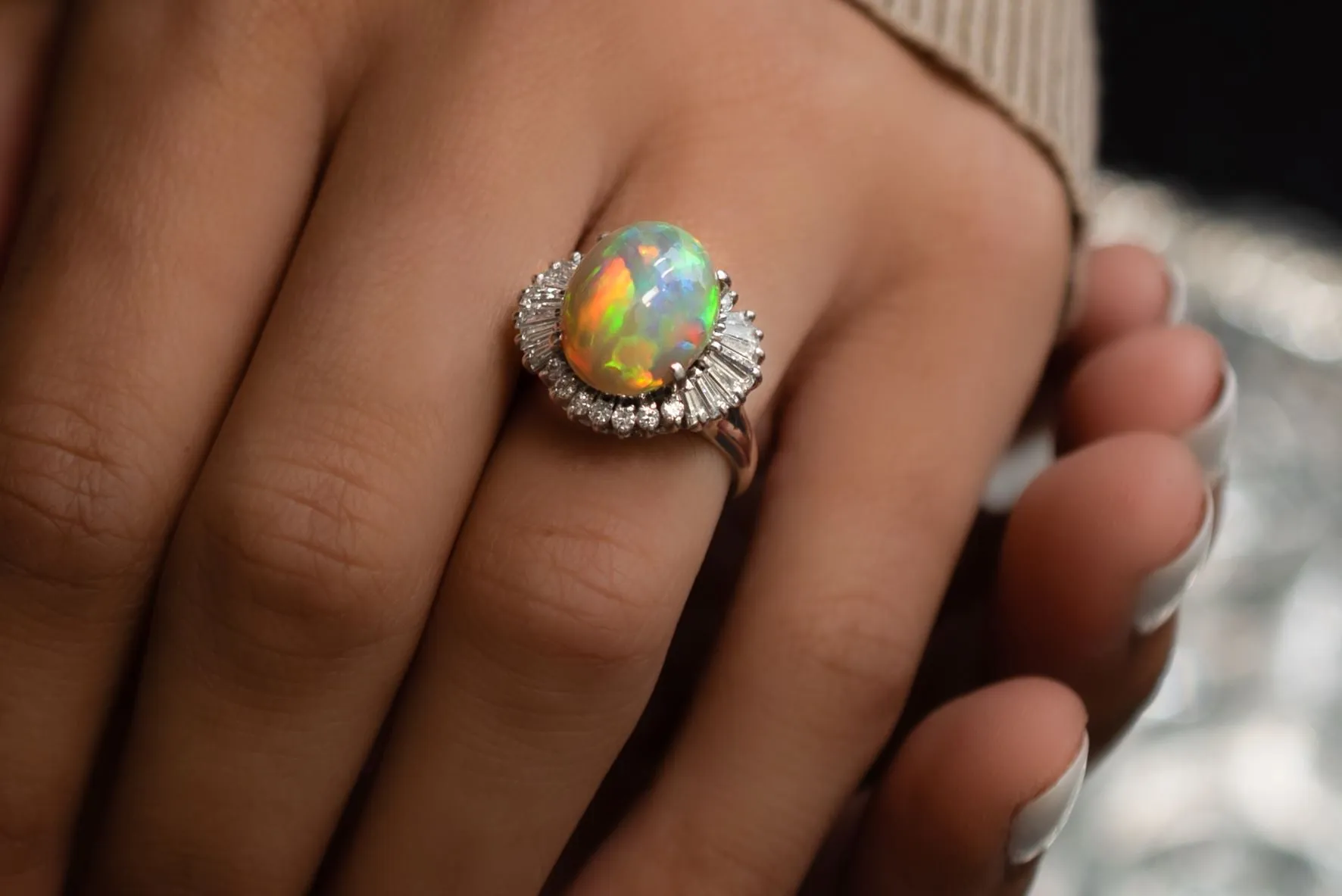 Vintage Platinum Opal and Diamond Ring