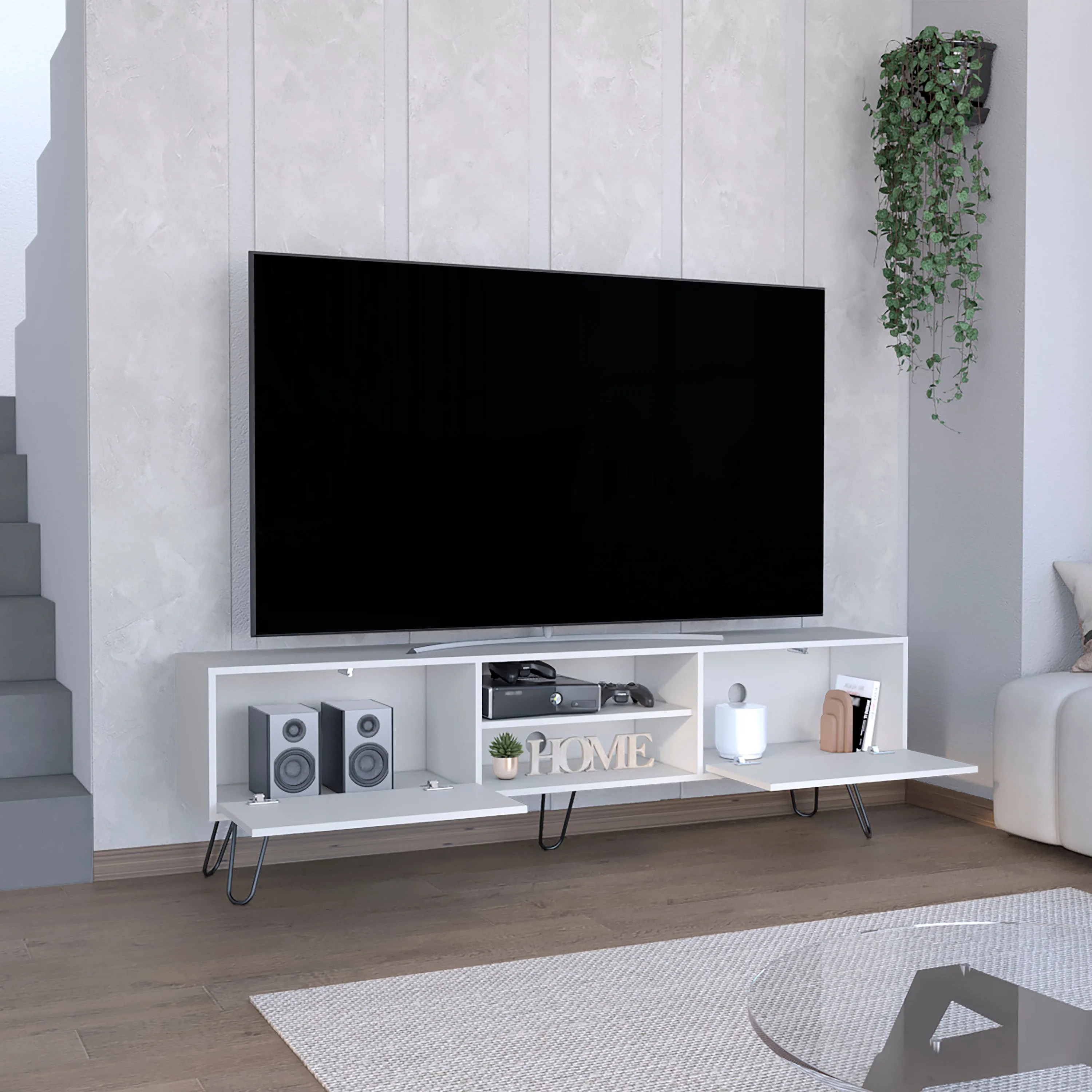 Waco TV Rack, Hairpin Stand with Spacious Storage and Cable Management Holes, White