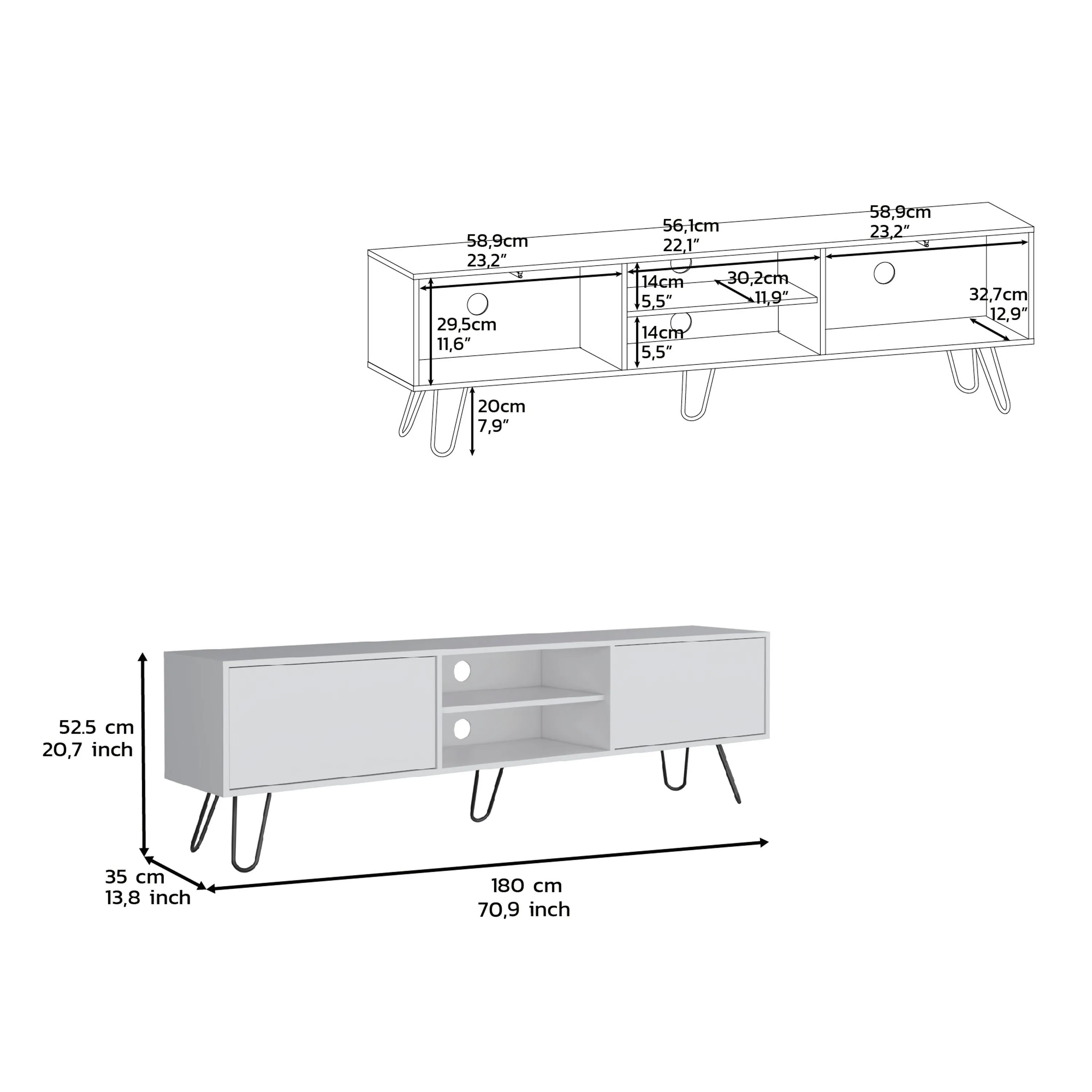 Waco TV Rack, Hairpin Stand with Spacious Storage and Cable Management Holes, White