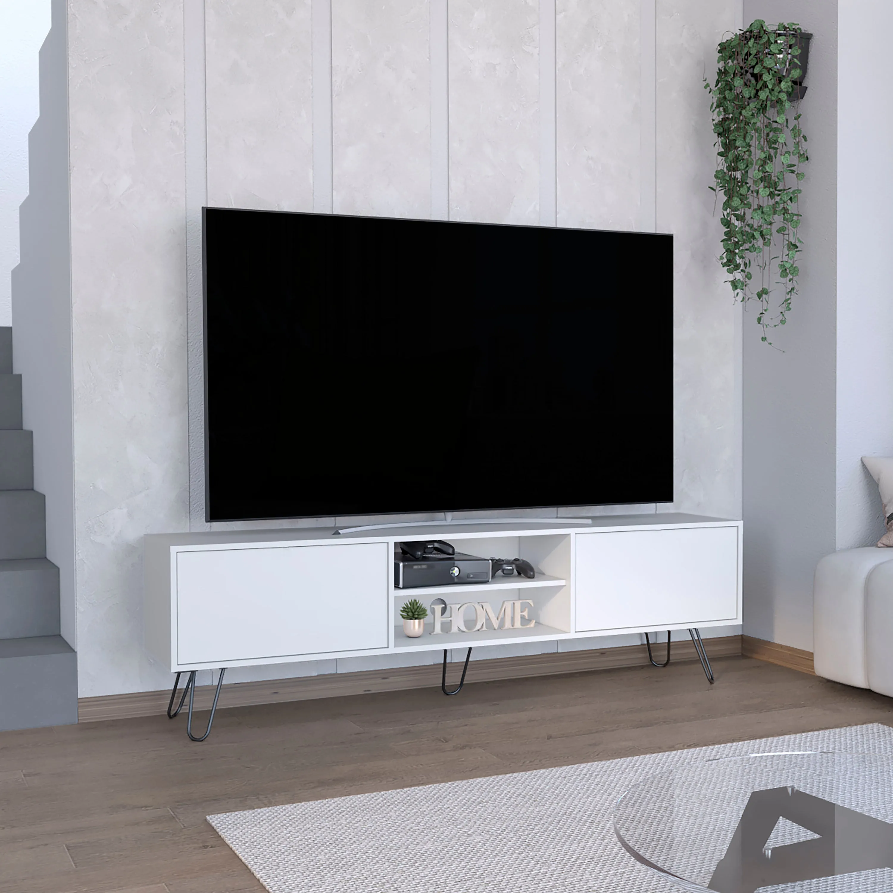 Waco TV Rack, Hairpin Stand with Spacious Storage and Cable Management Holes, White