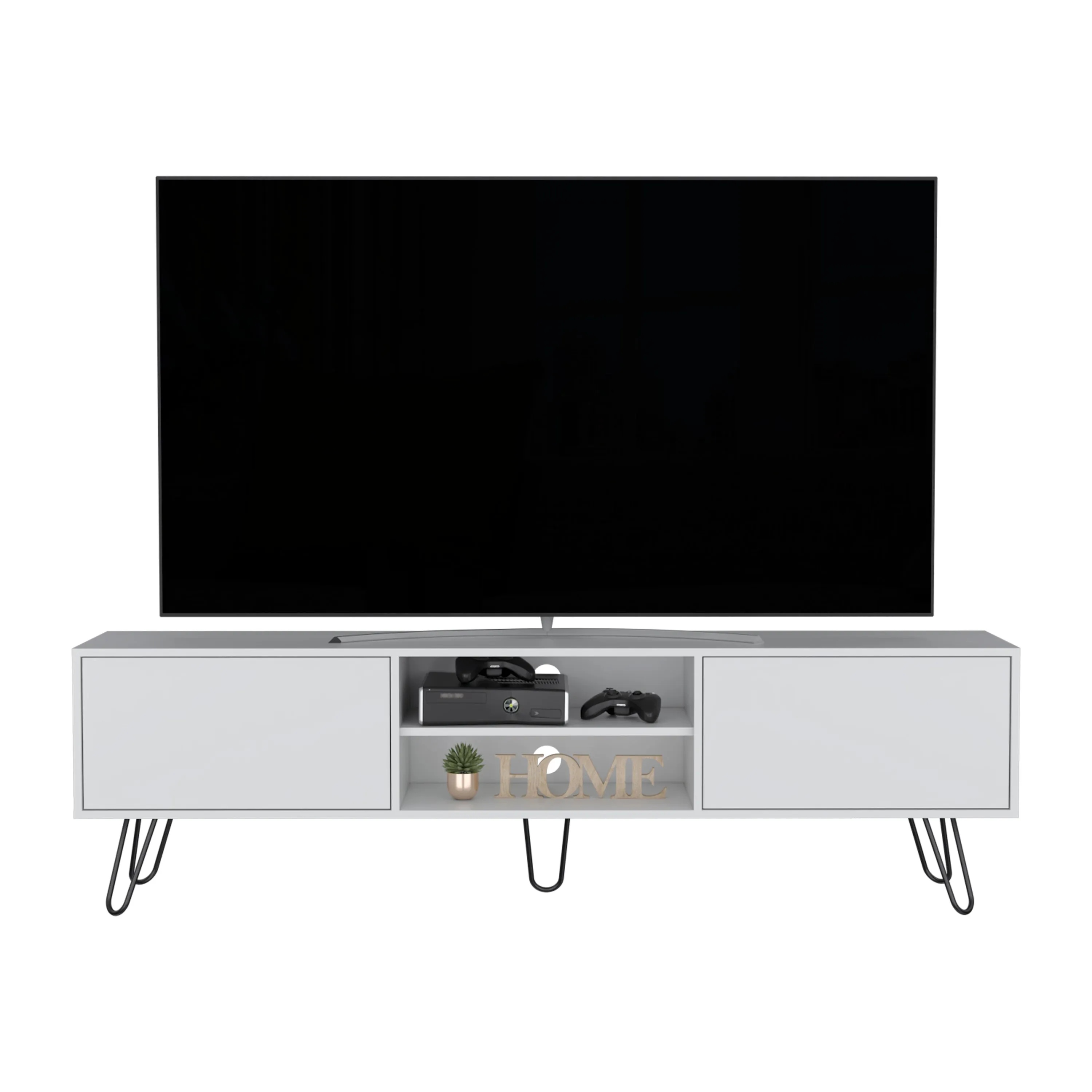 Waco TV Rack, Hairpin Stand with Spacious Storage and Cable Management Holes, White