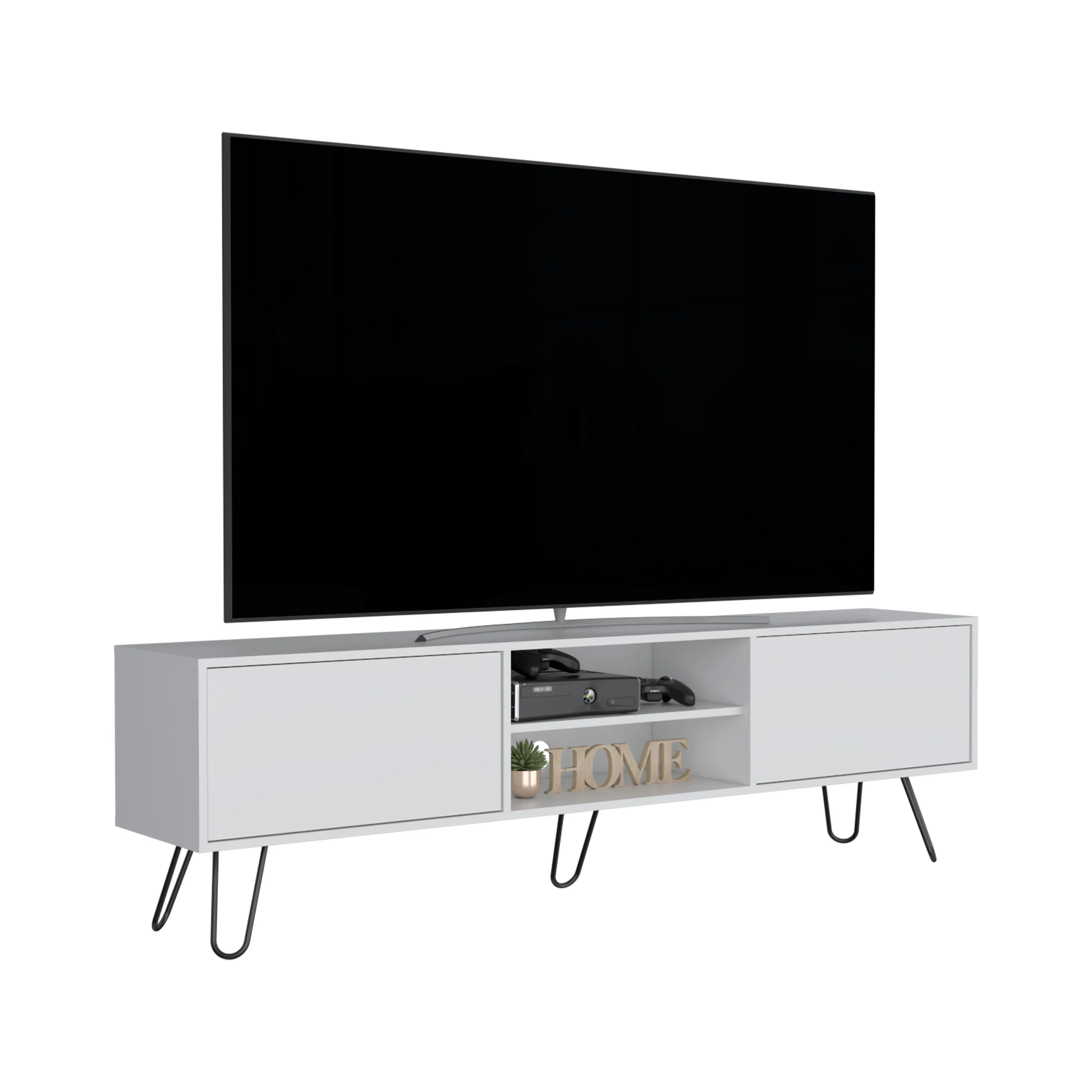 Waco TV Rack, Hairpin Stand with Spacious Storage and Cable Management Holes, White