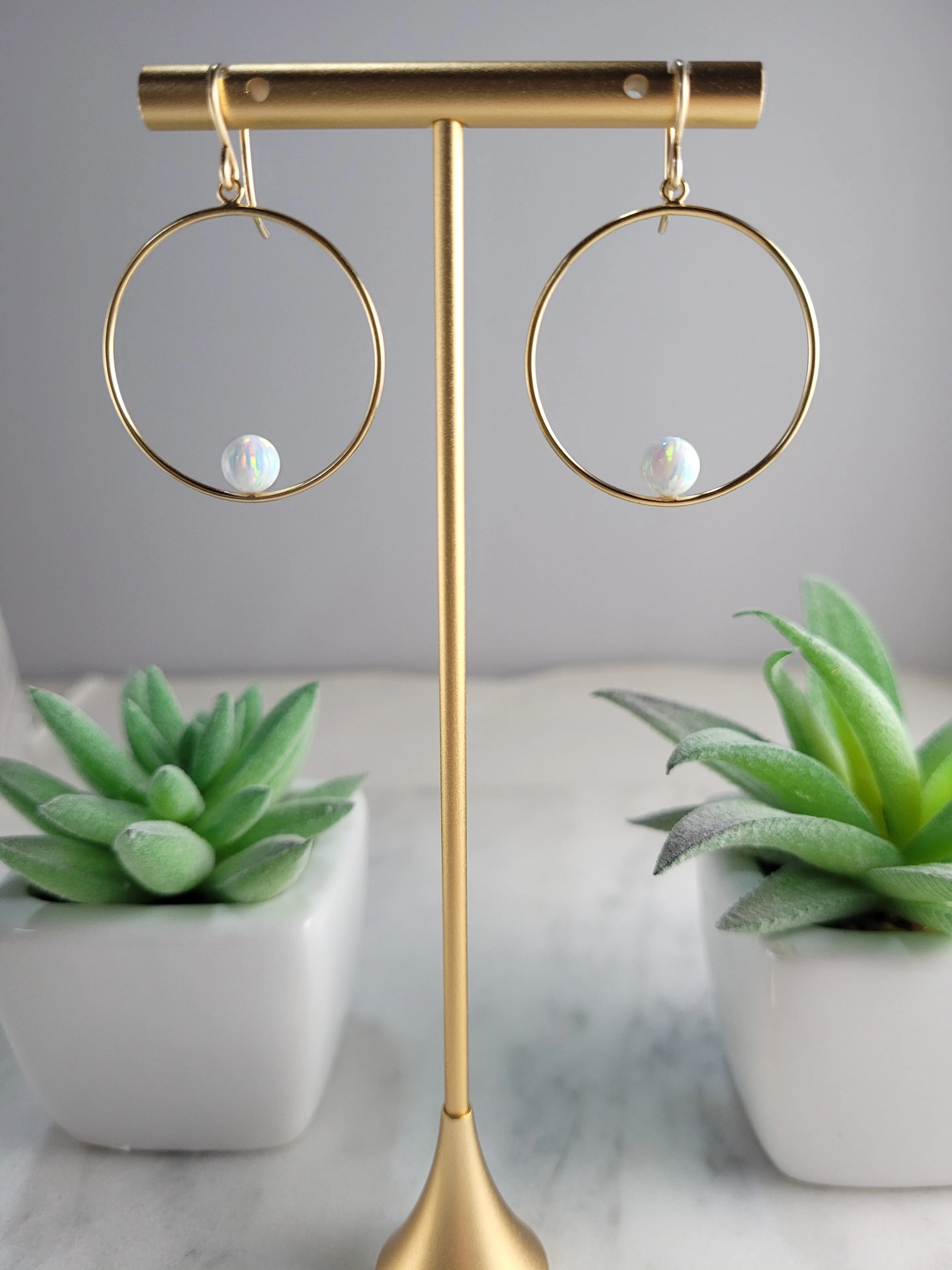 White Opal Hoop Earrings, 1" Hoop Earrings