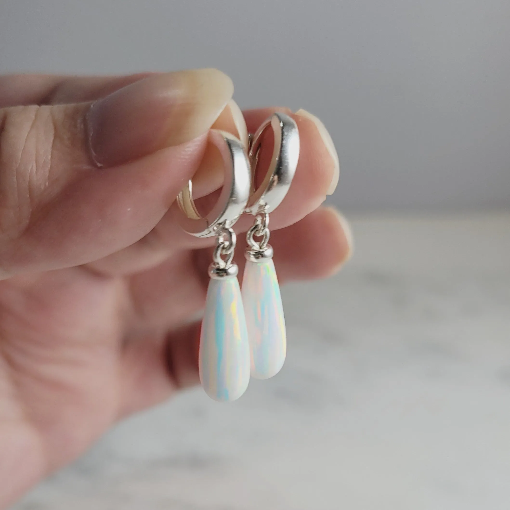 White Opal Hoop Huggie Earrings