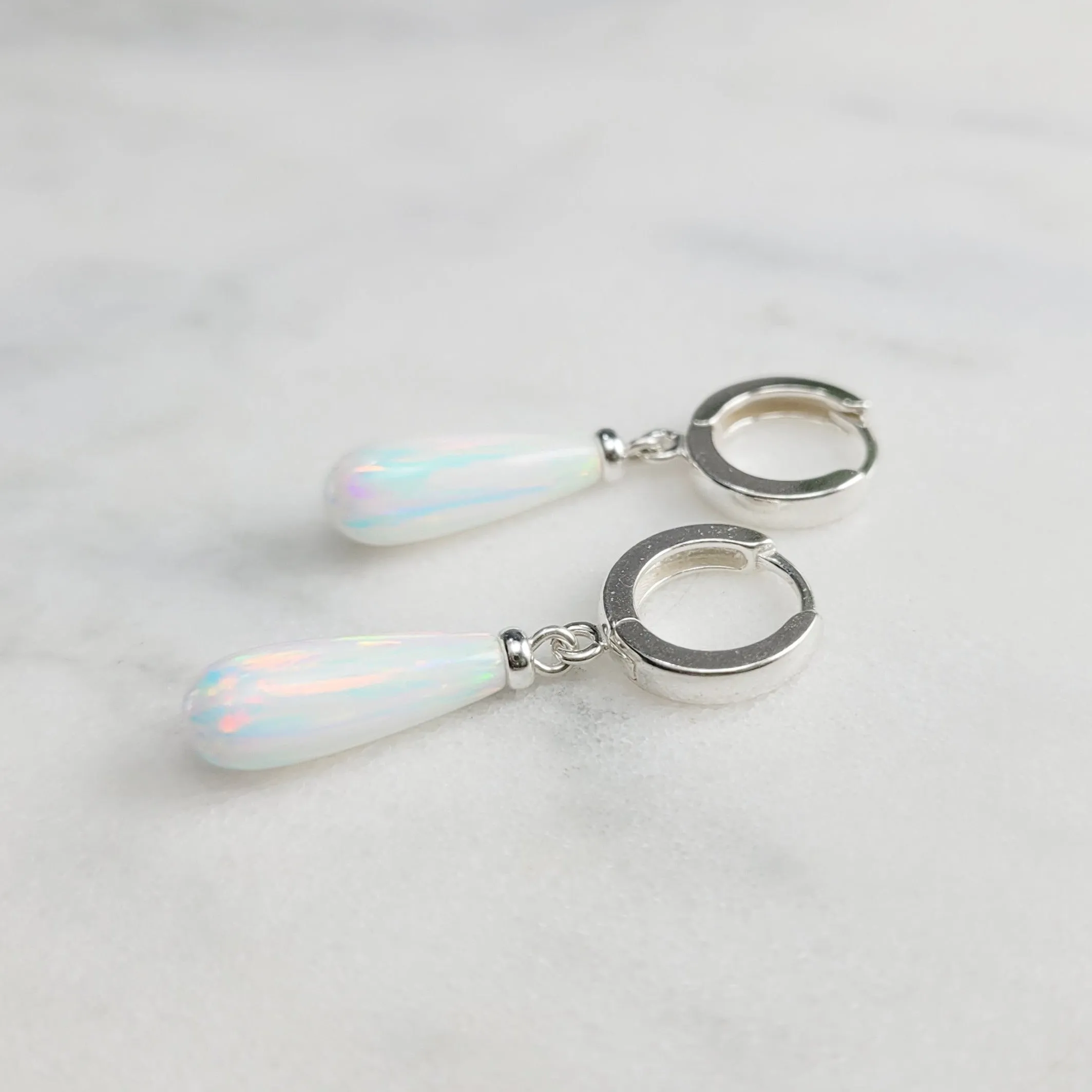 White Opal Hoop Huggie Earrings
