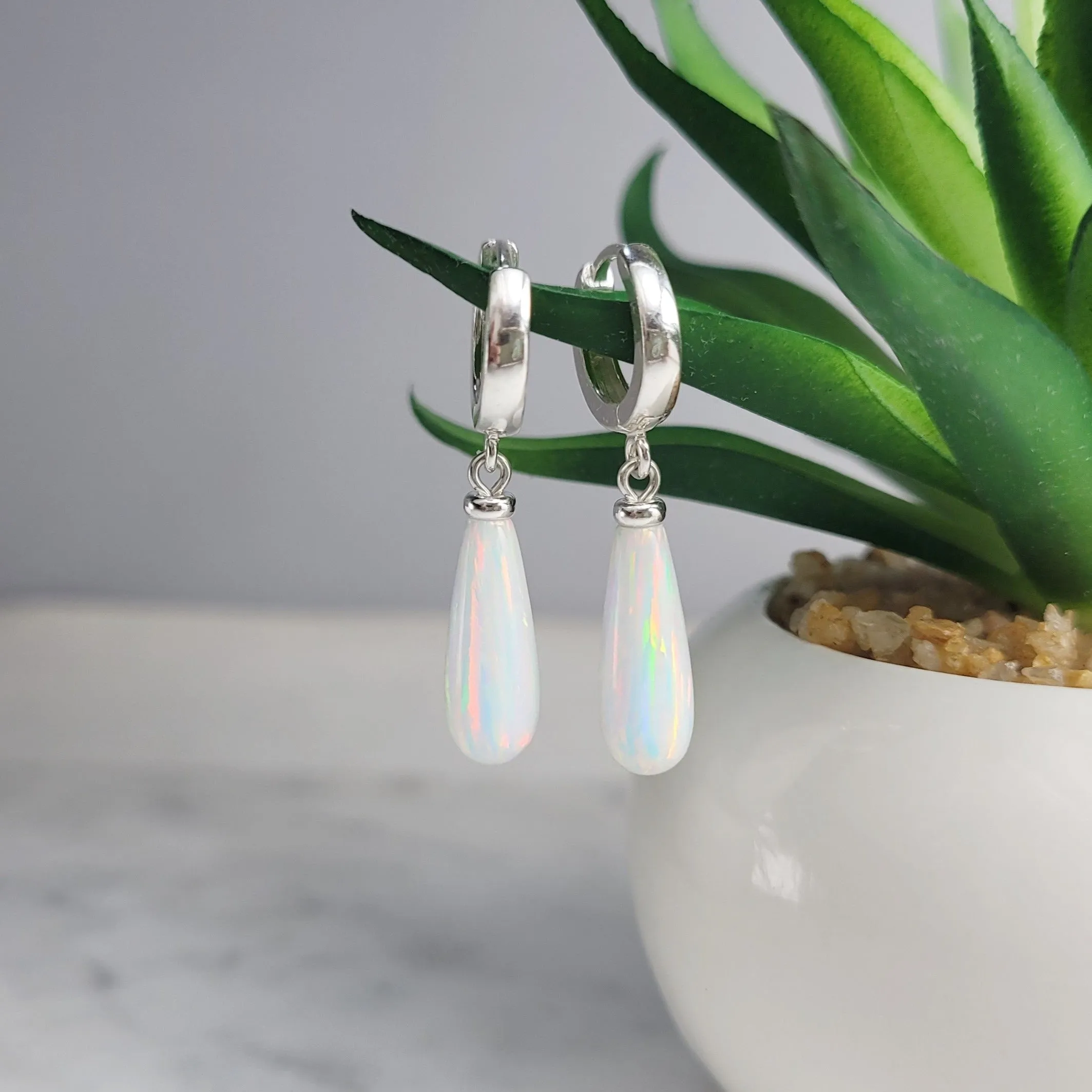 White Opal Hoop Huggie Earrings