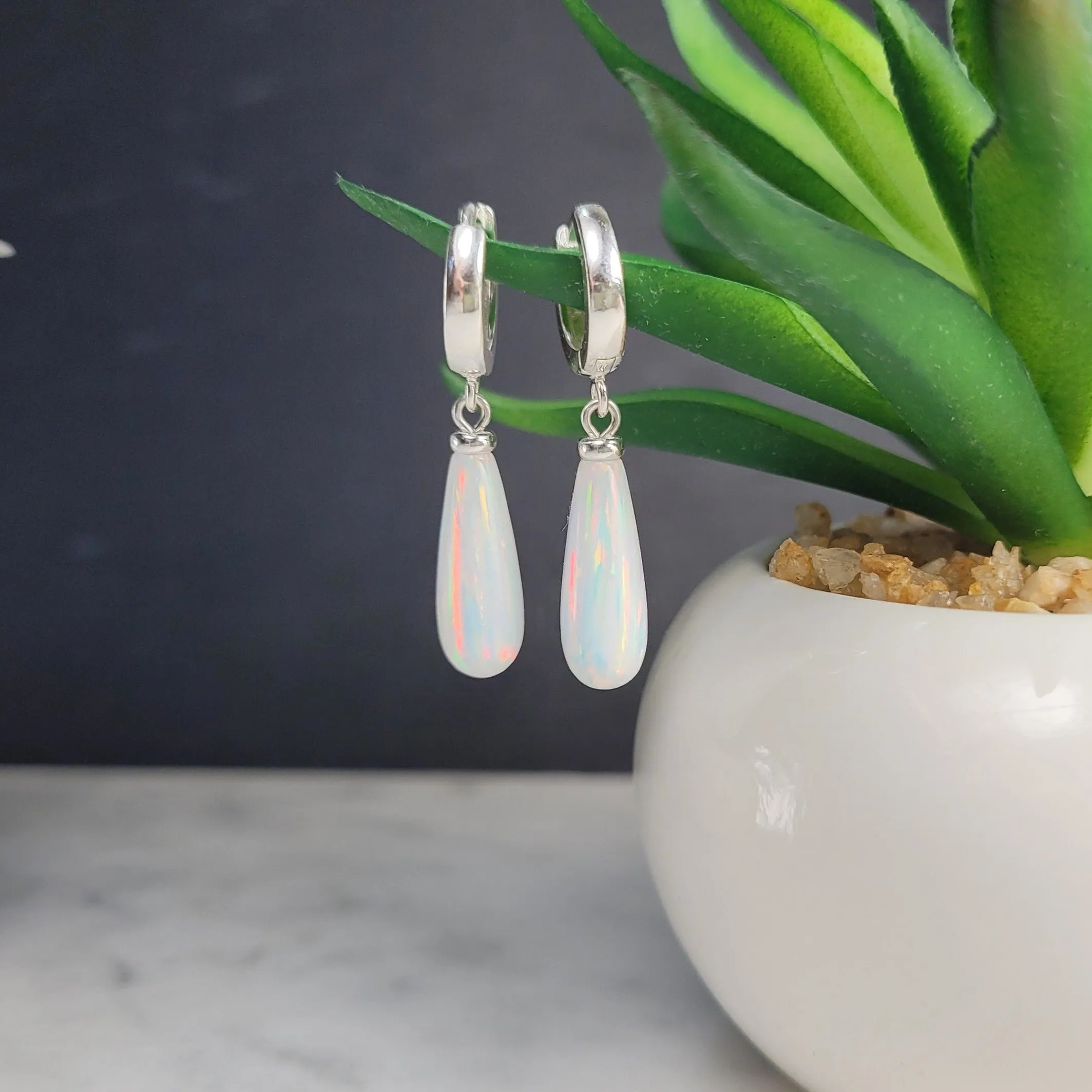 White Opal Hoop Huggie Earrings