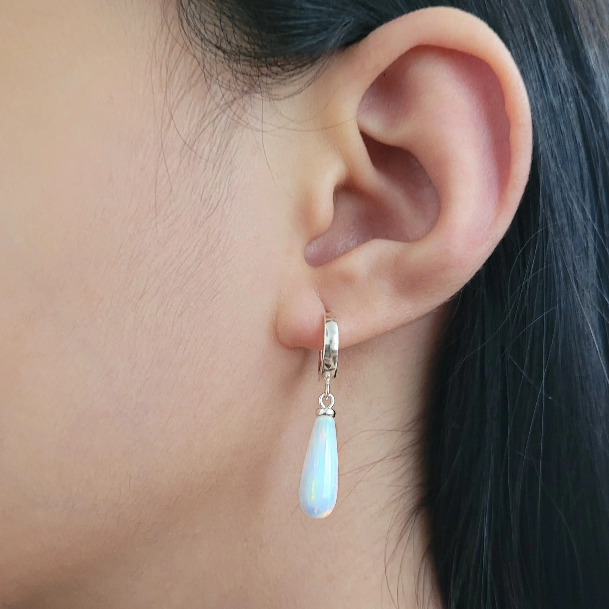 White Opal Hoop Huggie Earrings