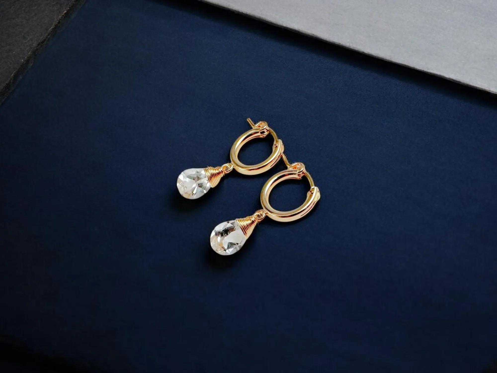 White Topaz Huggie Hoops – April Birthstone Earrings for Women | Sterling Silver Dainty Huggie Earrings