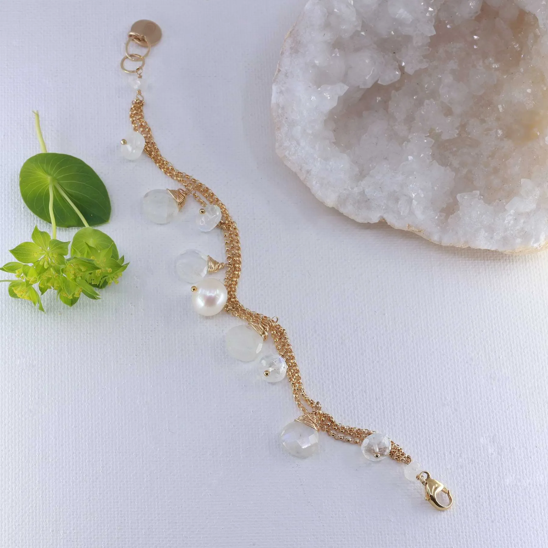 Zurich - Moonstone & Pearl Gold Charm Bracelet