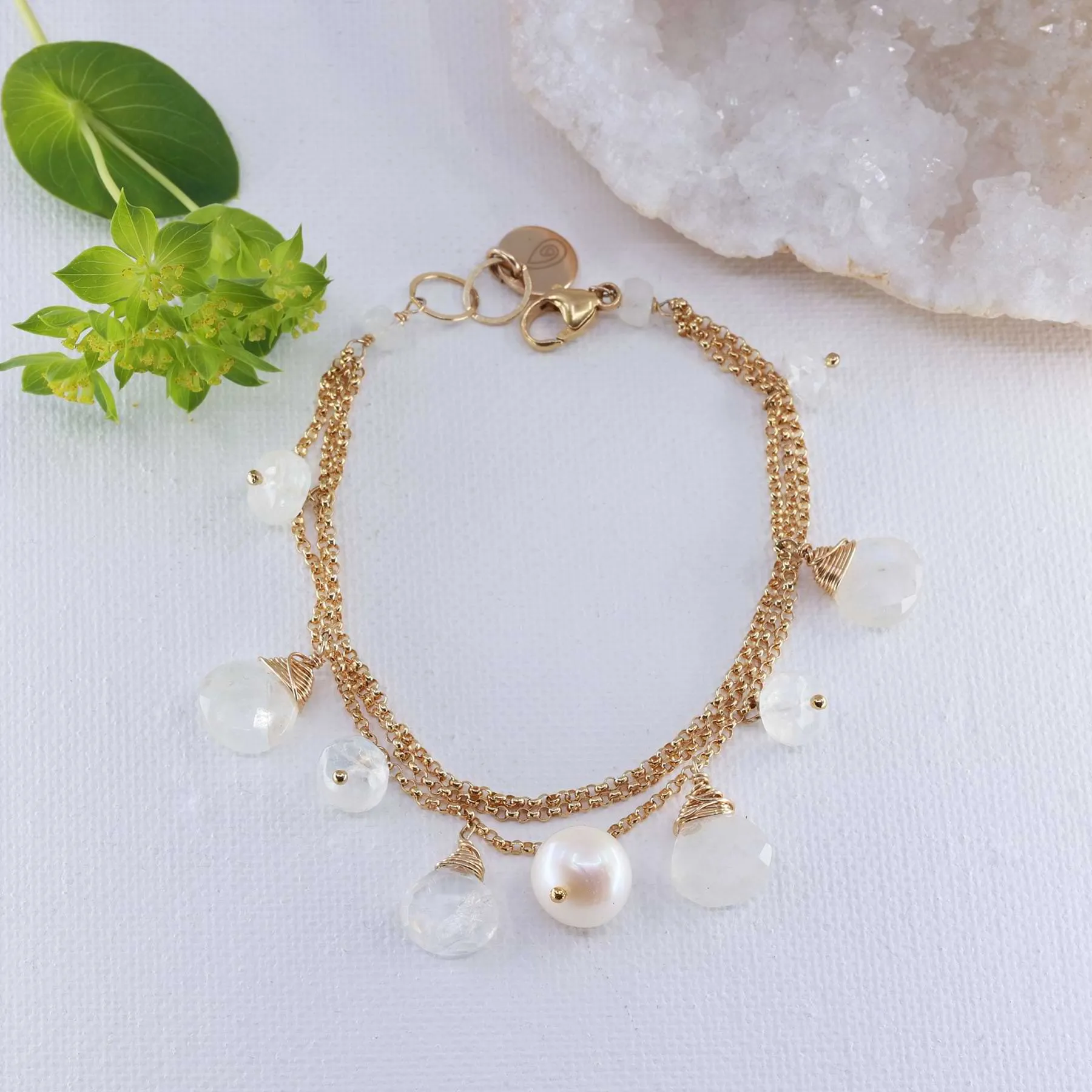 Zurich - Moonstone & Pearl Gold Charm Bracelet